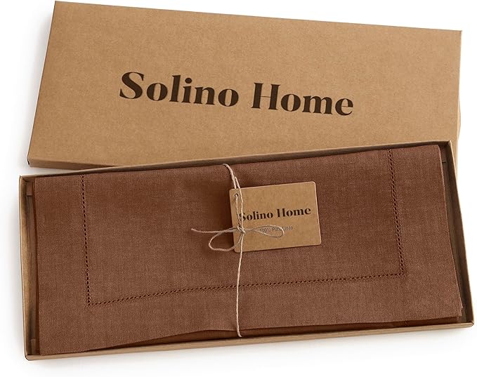 Solino Home Linen Brown Table Runner 72 Inches Long - 100% Pure Linen Hemstitch Table Runner 14 x 72 Inch for Dresser, Dining - Classic Hemstitch