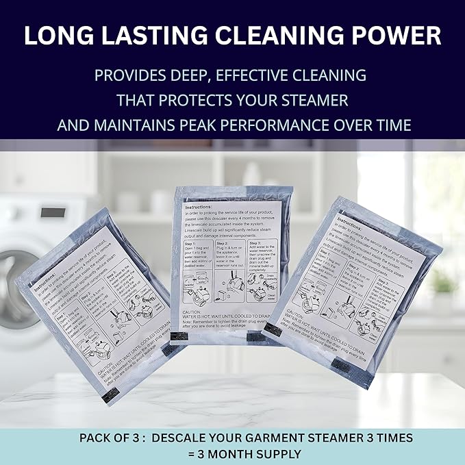 SALAV Garment Steamer Descaling Solution Decalcifier Packets for Mineral Deposits and Build-up Removal, Maintenance for Clothes, Works with all Garment Steamer Brands, Cleans Build Up, 3 packs