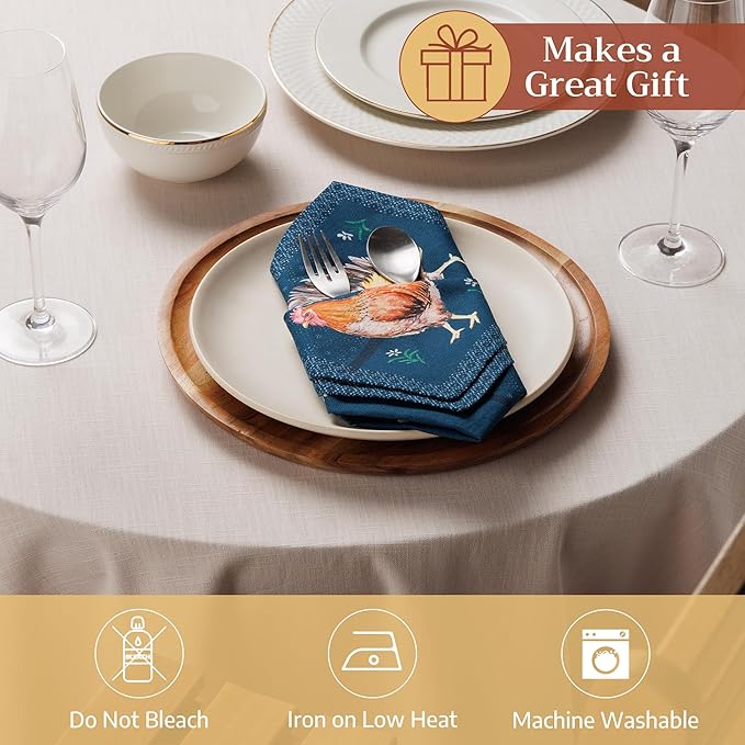 Maison d' Hermine Cloth Napkins Set of 4 100% Cotton Everyday Reusable Square Napkins Cloth Washable Dinner Party Wedding Restaurant Valentines Day Decorations Spring/Summer(Meadow Rooster, 18" x 18")