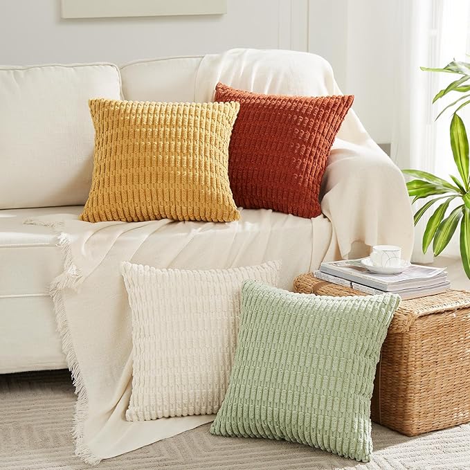 Fancy Homi 4 Packs Boho Fall Decorative Throw Pillow Covers 18x18 Inch for Living Room Couch Bed Sofa, Rustic Farmhouse Home Decor, Soft Plush Striped Corduroy Square Cushion Case 45x45 cm