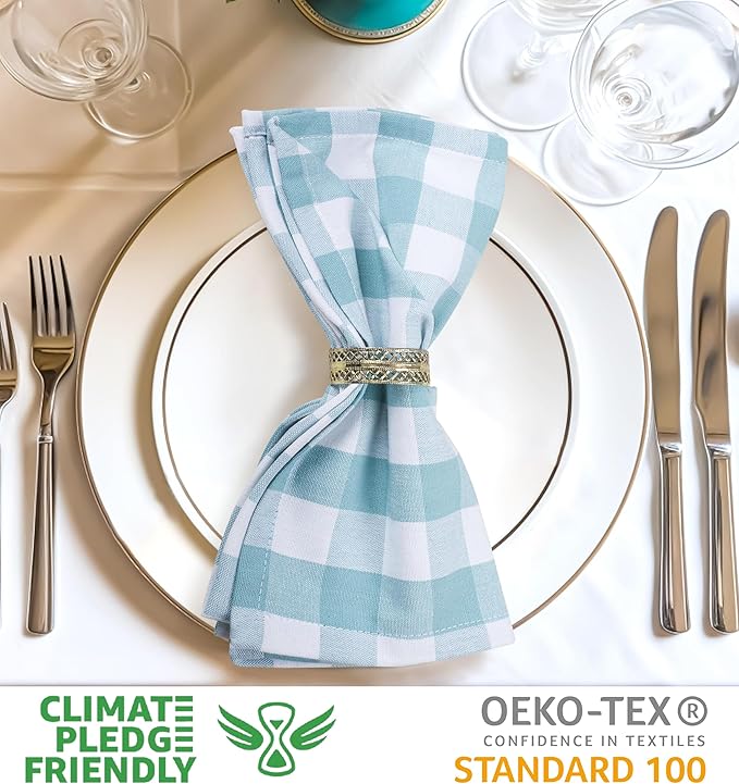 Urban Villa Cotton Dinner Napkins Set of 6, Highly Absorbent 20x20 Inches Premium Cloth Napkins Hotel Quality Reusable & Washable Table Dinner Napkins for Home & Weddings - Aqua/White, Checks