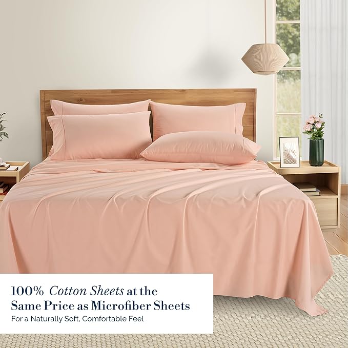 Casa Platino 100% Cotton Queen Size Sheets Set – 6 Piece Crisp Percale Queen Size Cooling Sheets, Lightweight for Summer, with 15" Deep Pocket Fitted Sheet Nightly Comfort & Airy Sleep – Veiled Rose