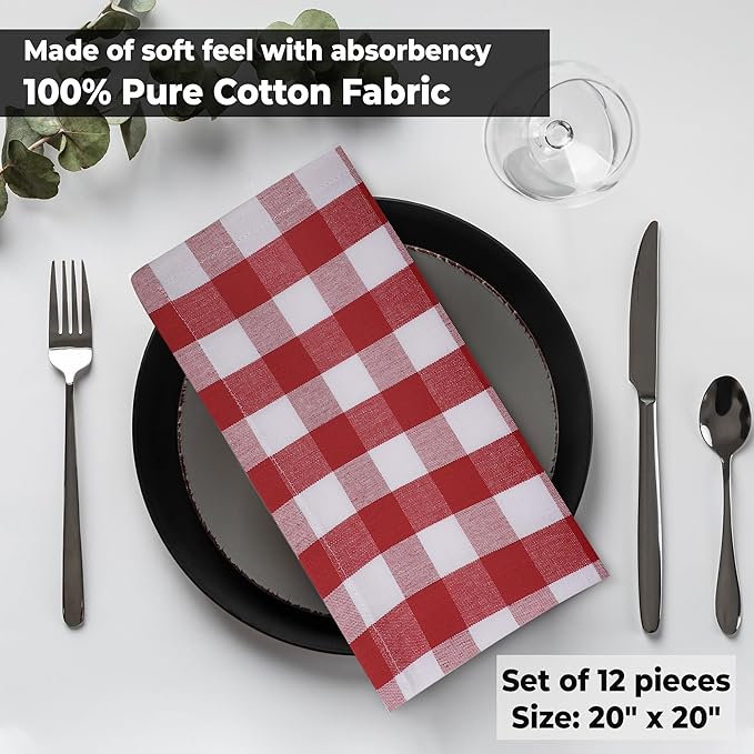 Urban Villa Cloth Napkins Set of 12 20x20 Inches 100% Cotton Napkins Cloth Washable Durable Reusable Absorbent Table Dinner Napkins Cloth for Farmhouse Party Hotel Lunch Restaurant Napkins - Red White