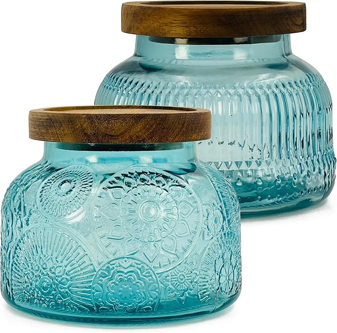 Decorative Blue Glass Jar with Airtight Wooden Lid 25.4 oz 2 pc, Wide Mouth Vintage Kitchen Food Storage Containers for Cookie Candy Honey Flour Spice Coffee Tea, Home Decor Sand Candle Holder Vase