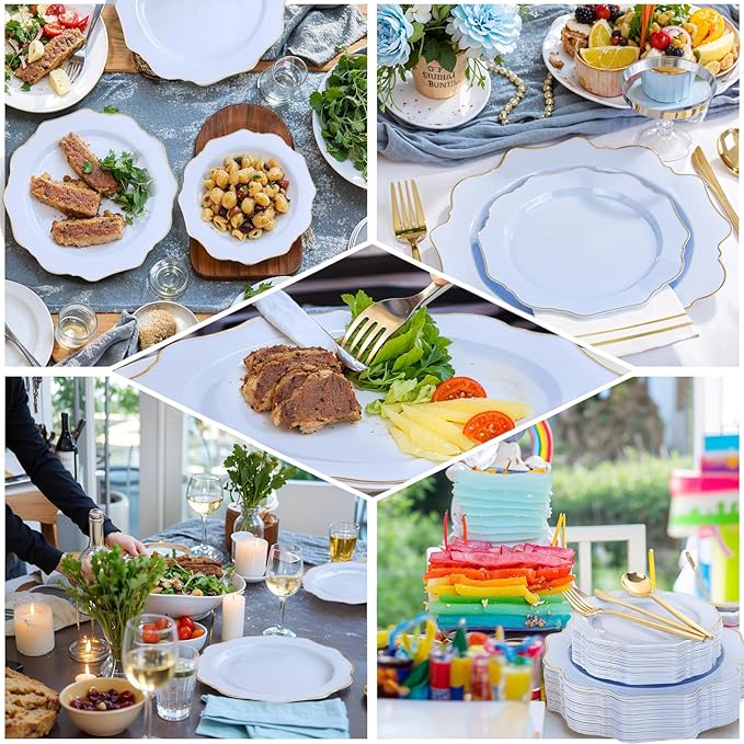 WDF 175Pcs Blue Plastic Plates - Heavy Duty Baby Blue Plates Disposable - 25Guests Plastic Dinnerware Ideal for Parties/Wedding/Baby Shower/Easter
