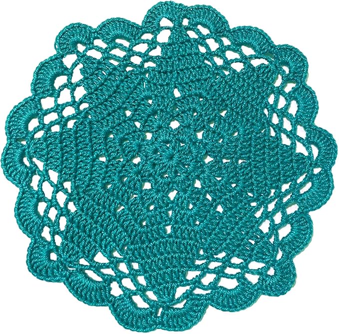 BIBITIME Handmade Crochet Round Lace Doilies Kitchen Table Placemats Wedding Tea Flower Vase Cup Mats (Peacock, 6" to 7",Pack of 2PCS)