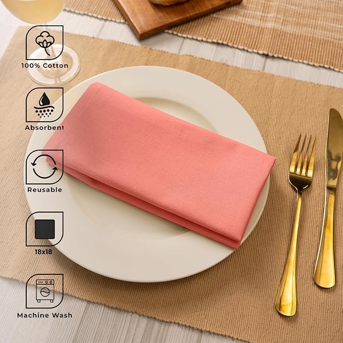 Blue Needles Solid Cloth Napkins Set of 12 Salmon 100% Cotton Dinner Napkins 18x18 inches - Soft, Reusable, Absorbent & Washable Linen, Ideal for Wedding Events, Parties & Everyday Use