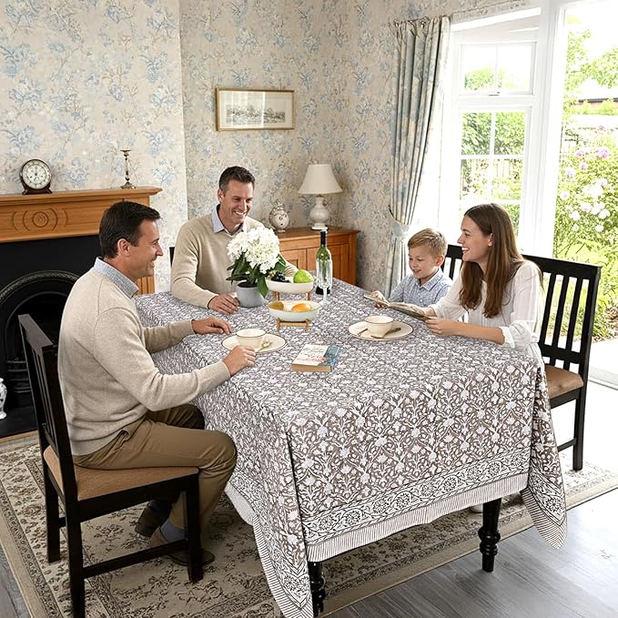 Ridhi Hand Block Print Taupe Rectangle Cotton Tablecloth 108" x 70" Reusable Table Cover Decorative Everyday Use for Dining, Farmhouse, Home Gift for Spring, Easter, Valentine