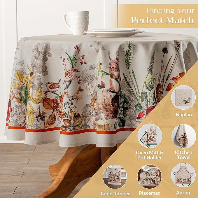 Maison d' Hermine Table Cloth Round Table 100% Cotton 69 Inches Fall Tablecloth Reusable Everyday Use for Thanksgiving Christmas Decorations Dining Farmhouse Party (Recolte)