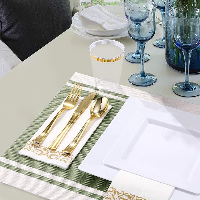 Disposable Square Plastic Plates - 100 Pack - 50 x 9.5 Dinner and 50 x 6.5 Salad Combo Plate - Premium Heavy Duty - Fancy and perfect for a Party, Wedding, or Birthday