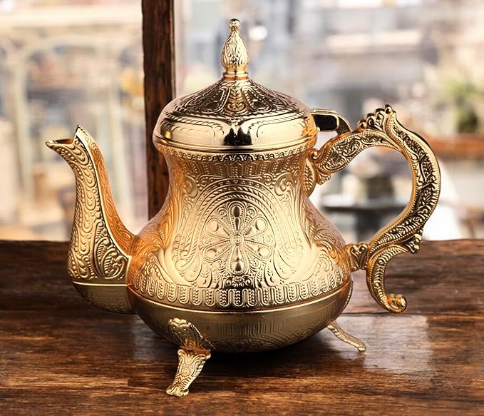 Alisveristime Decorative Zamac Pitcher – Vintage Ottoman-Style Teapot, Ornate Metal Design (7.9 x 7.9 x 5.1 in, 1.85 lbs, 28.7 fl oz) (Gold)
