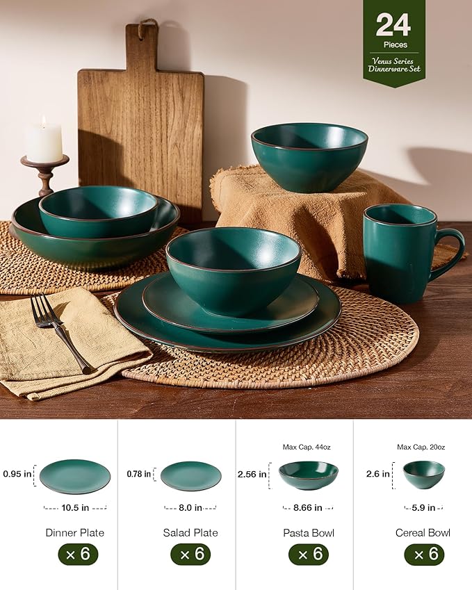 Famiware Venus Speckled Dinnerware Set with Pasta Bowls, Service for 6 (24 Pieces), Stoneware Plates and Double Bowls Sets, Microwave & Dishwasher-Safe Dishes with Trim, Matte Dark Green