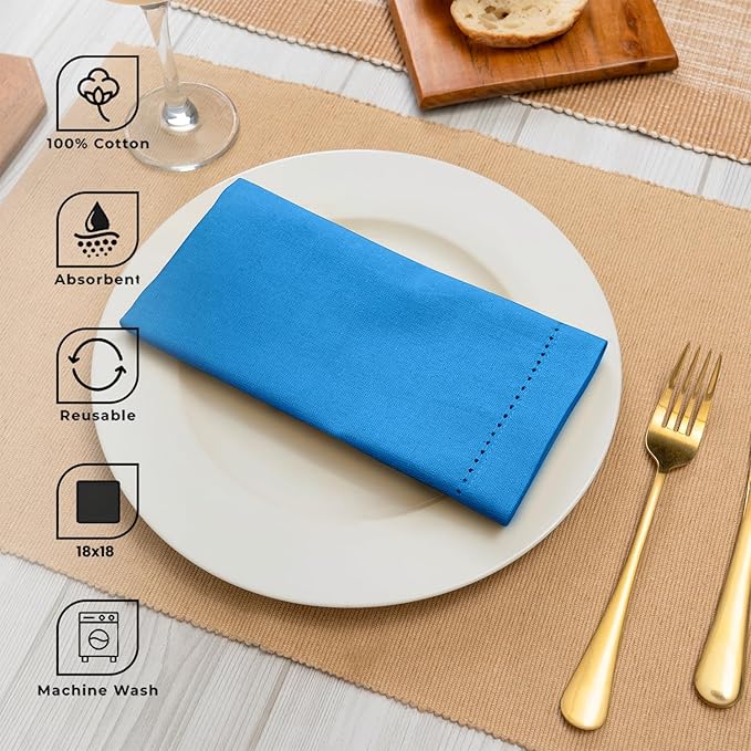 Blue Needles Set of 12 Hemstitch Linen Napkins 100% Cotton Royal Blue Cloth Dinner Napkins 18x18 inches, Soft, Reusable, Absorbent, Washable, Ideal for Wedding Events, Parties & Everyday Use