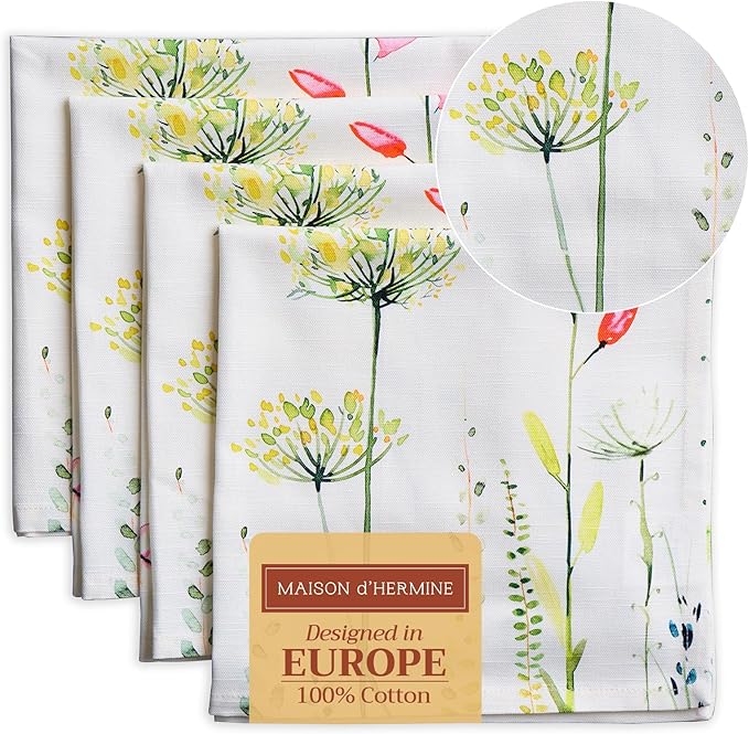 Maison d' Hermine Cloth Napkins Set of 4 100% Cotton Everyday Reusable Square Napkins Cloth Washable Dinner Wedding Restaurant Valentines Day Decorations Spring/Summer (Botanical Fresh, 20" x 20")