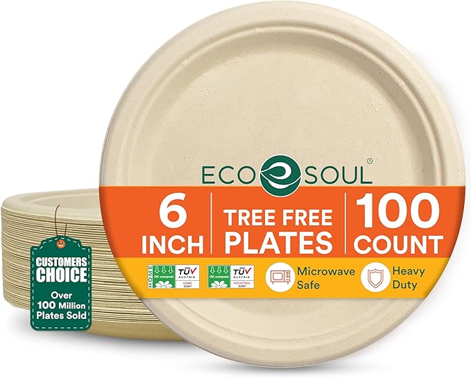 ECO SOUL Compostable Paper Plates 6 Inch (100 Count) Plates for Dessert, Heavy Duty, Eco-Friendly Sugarcane Bagasse Small Plates For Appetizer- Natural Brown