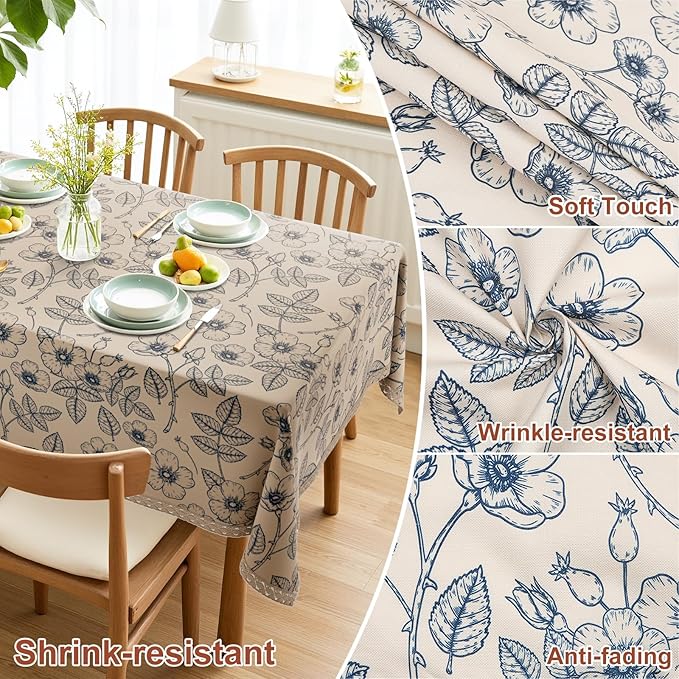 French Vintage Floral Tablecloth Rectangle, Heavy Duty Linen Table Cloth with Blue Flowers and Leaves Pattern, Waterproof Table Cover with lace for Dining Party Holiday, 55''x 70''