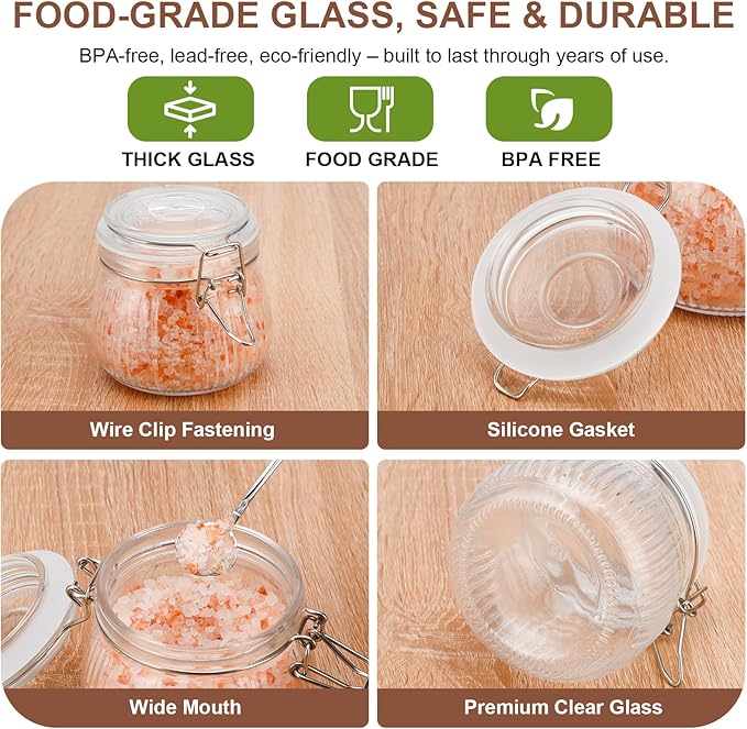 17oz Airtight Glass Jars with Lids, Small Food Storage Container Set of 6, Wire Clip Canisters Mason Jars for Canning Pickling Spice Herb