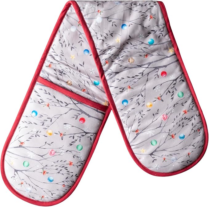 Maison d' Hermine Double Oven Mitt (7" x 35") 100% Cotton Heat Resistant BBQ Cooking Gloves with Loop for Thanksgiving Christmas Decorations Baking Cooking Barbeque Handling Hot Pan (Fairy Christmas)