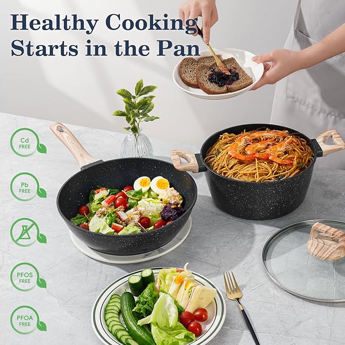 12 Pcs Pots and Pans Set Non Stick, Cookware Sets Black Granite Induction Cookware, Non-toxic Healthy Nonstick Kitchen Cooking Set with Frying Pans Set, Saucepans (PFAS/ PFOA/ PFOS Free)