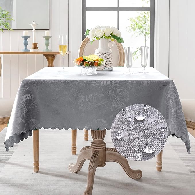 Jacquard Waterproof Square Tablecloth 54x54 Inch Grey Tablecloth Leaves Pattern Scalloped Edge Silky Soft Table cloth Wrinkle Resistant Washable Table Cover for Dining Tabletop Party Patio Decoration