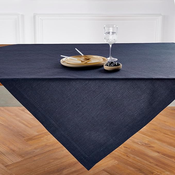 Solino Home Linen Square Tablecloth 52 x 52 Inch - 100% Pure Linen Chambray Navy Table Throw - Athena, Machine Washable Tablecloth for Winter, Spring