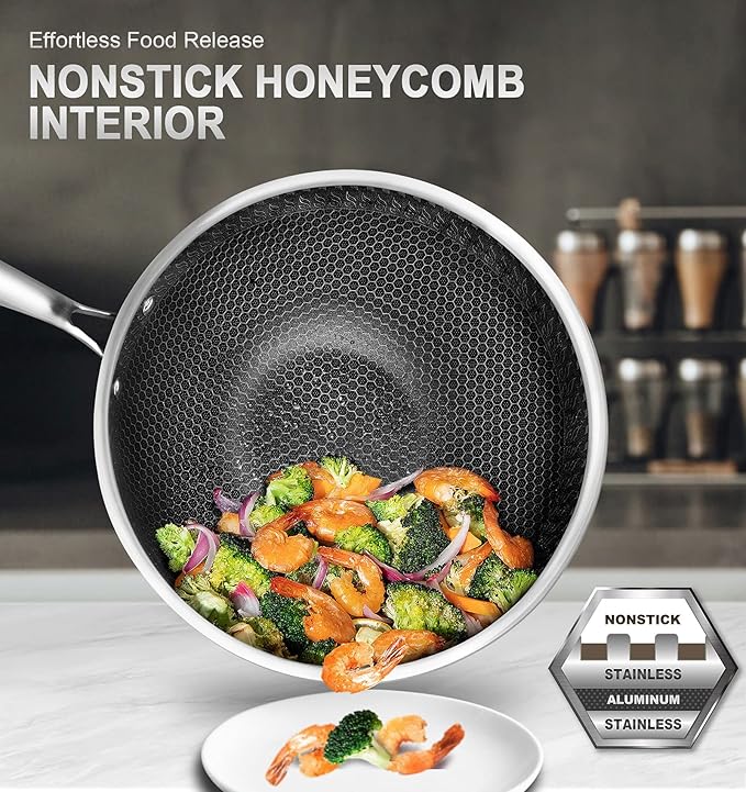 MICHELANGELO Wok Pan with Lid, 12 Inch Stainless Steel Wok with Spider Strainer and Steaming Rack, Honeycomb & Stir-fry Pans Flat Bottom Wok Induction Compatible, Dishwasher and Oven Safe