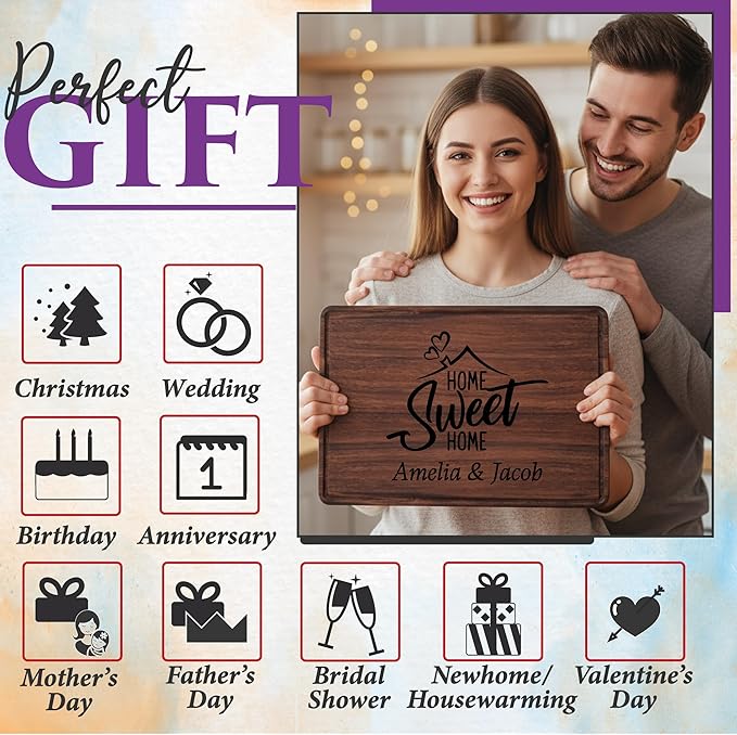 Personalized Cutting Board with Home Sweet Home Design, Custom Engraved Housewarming Gift for Friends, New Home, Realtor Closing Gift for Clients, Kitchen Decor, Neighbors or First-Time Home Buyers