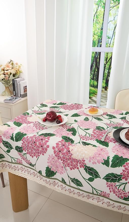 French Vintage Floral Tablecloth Rectangular, Linen Table Cloth with Flowers and Leaves Pattern, Waterproof Decor Table Cover with lace for Dining Kitchen Christmas Holiday, 55''x 70''
