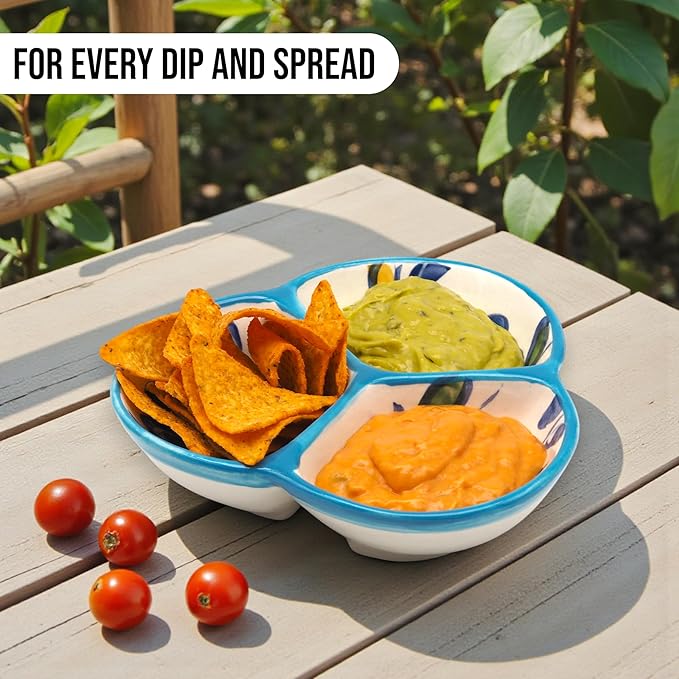 Ceramic Chip & Dip Bowl 7.5”, 3-Compartment Divided Serving Dish & Condiment Tray for Appetizers – Handmade in Spain, Lead-Free Glaze, Microwave, Oven & Dishwasher Safe