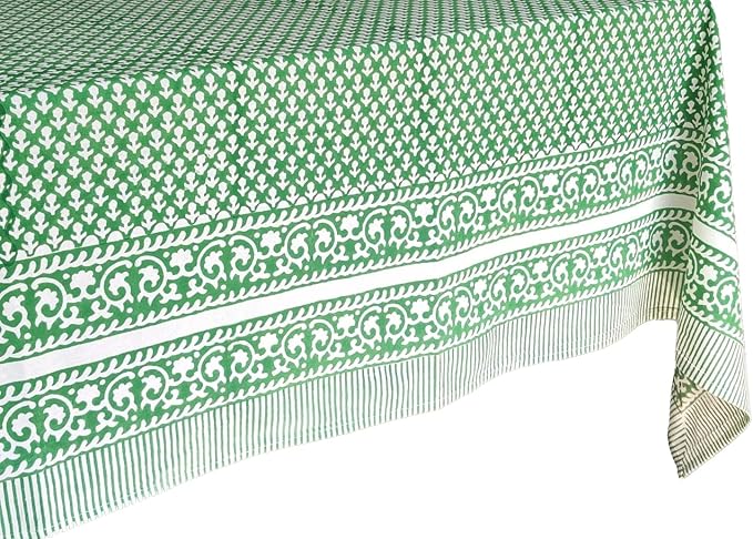 ATOSII Queen Green 100% Cotton Tablecloth, Handblock Print Rectangle Table Cover for Kitchen Dining I Tabletop Linen I Parties, Thanksgiving, Christmas, Wedding, Fall Table Cloth 60 X 90 Inches