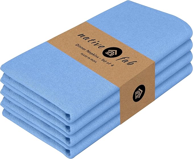 Native Fab Solid Cloth Napkin Set of 4, 100% Cotton, Washable, Reusable Dinner Cloth Napkin 17x17 inches, Table Decor Napkins for Dinner, Events, Sky Blue