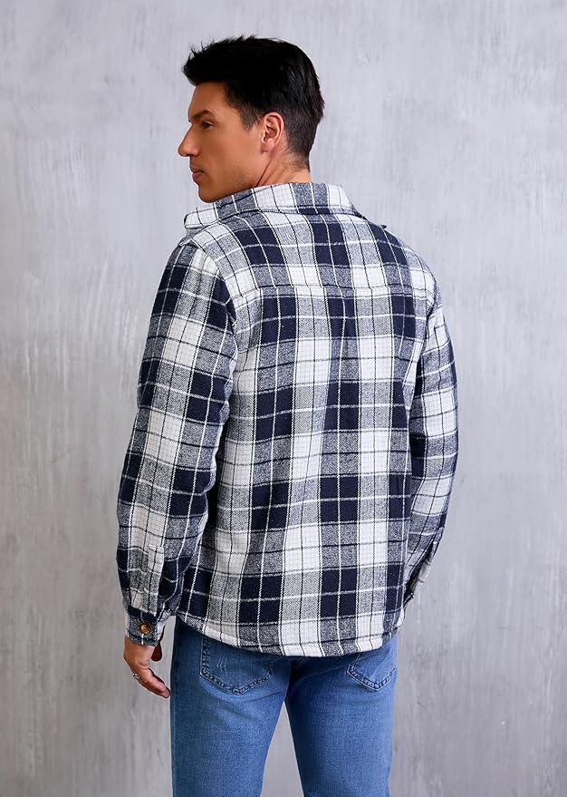 Men's Cotton Sherpa Lined Button Down Flannel Shirt Jacket Plaid Soft Outdoor Flannel Jacket Shirt