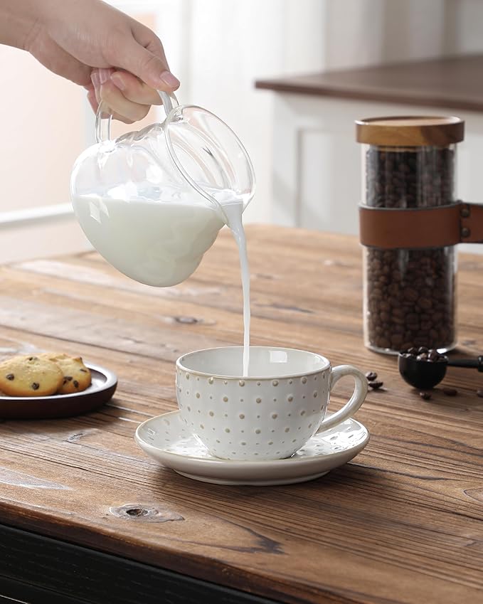 MALACASA 8 OZ Cappuccino Cups with Saucers Set of 4 - Ceramic Stackable Tea Cups and Saucers, Embossment Coffee Mugs for Tea, Latte and Mocha, Dishwasher Safe, Arctic white