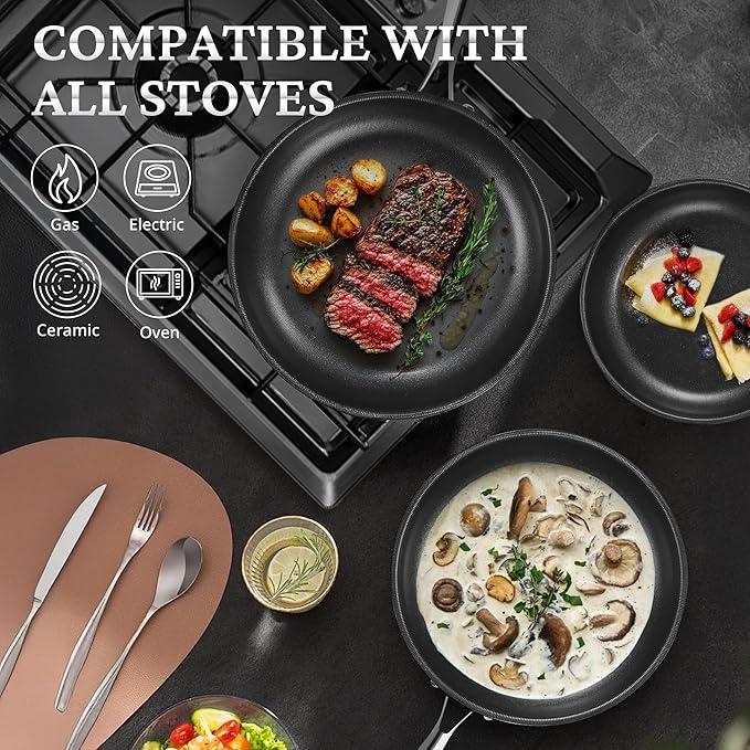 KOKHUB Nonstick Frying Pans with Lids, 8", 10", 12" Titanium Ceramic Tri-Ply Stainless Steel Skillet Set, Non-Toxic, PFAS/PFOA/PTFE Free, Dishwasher & Oven Safe, Induction Compatible