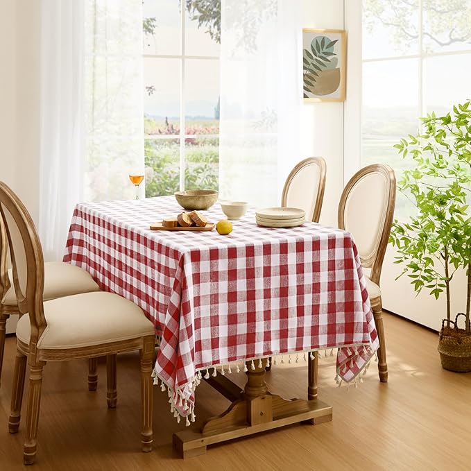 Softalker Checkered Tablecloth Rectangle, Outdoor Linen Cotton Gingham Table Cloth with Tassel, Heavy Duty Wrinkle Free Buffalo Plaid Table Cover for Kitchen Dining Home Party - 55 x 84 Inch, Red