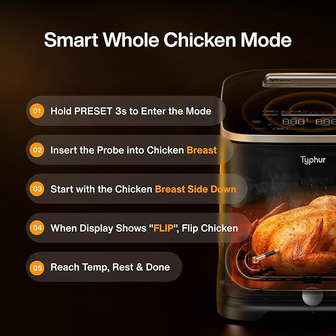 Typhur Sync 8QT AI Smart Air Fryer with Built-in Wireless Meat Thermometer, 9-in-1 XL Non Toxic Ceramic Airfryer, 450°F Max, Cooks 6lb Whole Chicken, Quiet & Dishwasher Safe, 120V