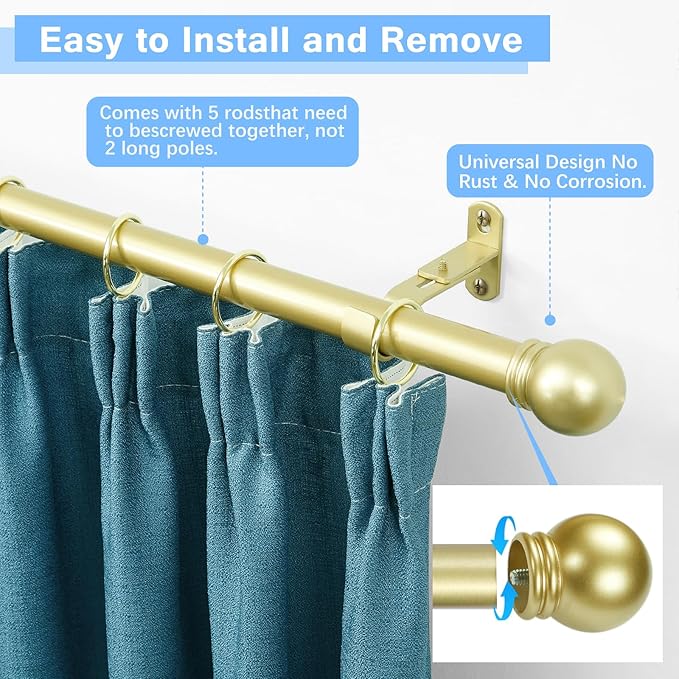 Curtain Rods for Windows 16 to 76 Inches, Curtain Rod Max Adjustable Length of 88 IN, 6/8" Diameter Drapery Rods Round Finials, Warm Gold, Pack of 1