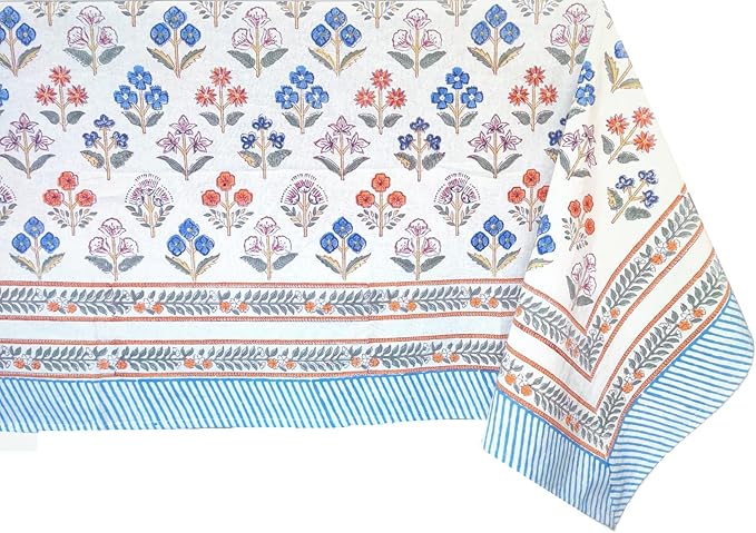 ATOSII Flora Bloom 100% Cotton Rectangle Boho Fall Tablecloth, Handblock Floral Table Cloth Linen for Kitchen Dining I Parties Wedding Outdoors Christmas Thanksgiving I 72 X 140 Inches I 12 Seater
