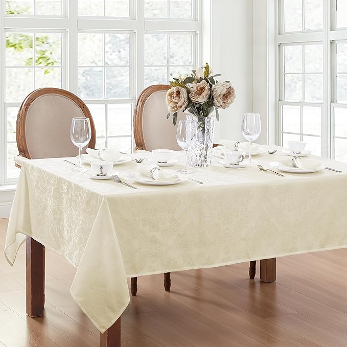 Elrene Home Fashions Caiden Elegance Damask Waterproof, Stain & Wrinkle Resistant Fabric Tablecloth, 52" x 70" Oblong/Rectangle, Ivory