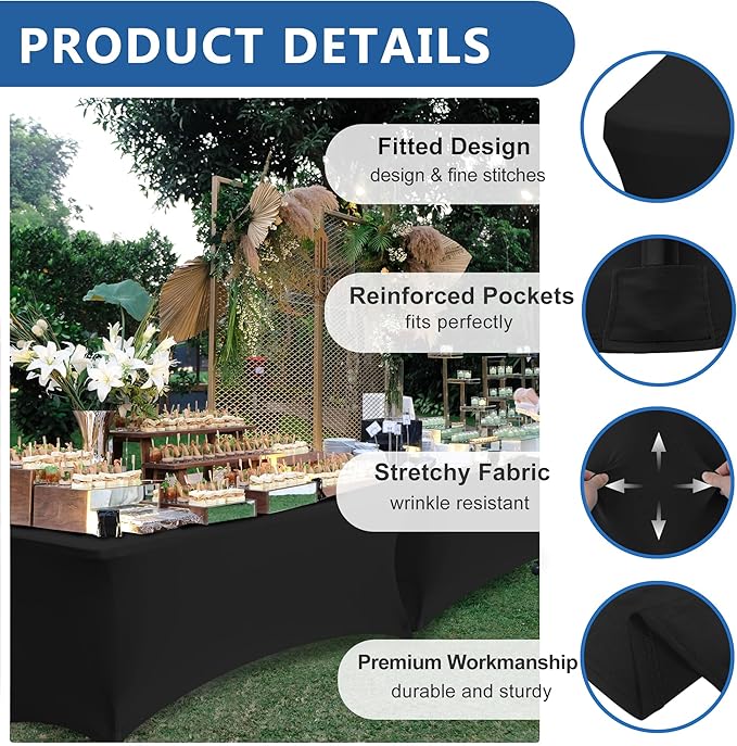 4ft Stretch Table Cover Fitted-6 Pack Black Spandex Table Cloths with Elastic-Folding Table Protector for Parties, Vendor Booth Display, Banquet Buffet Event, Graduation, Craft Trade Show