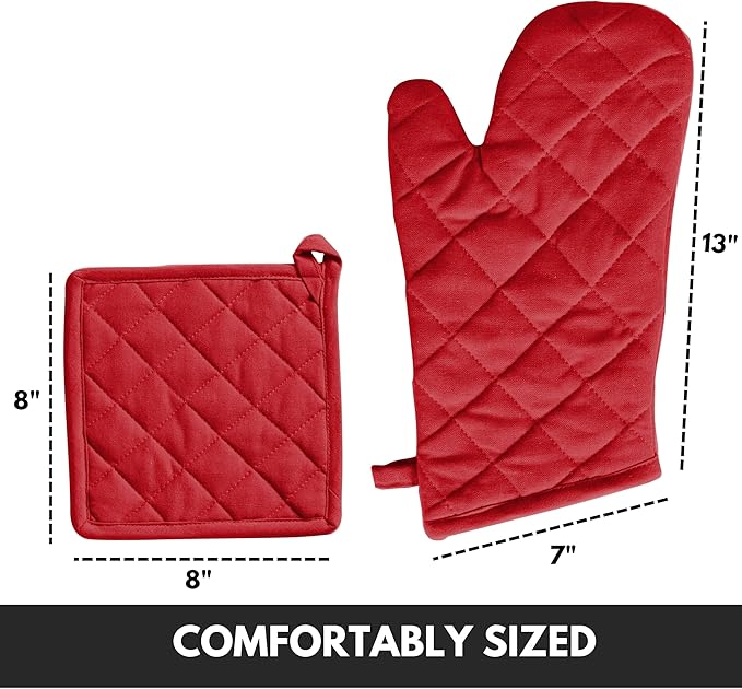 Oven Mitt + Pot Holder 100% Cotton Heat Resistant Kitchen Oven Gloves (7"x13") & Hot Pads (8"x8") for Gifts, Chef, Women & Men - Red
