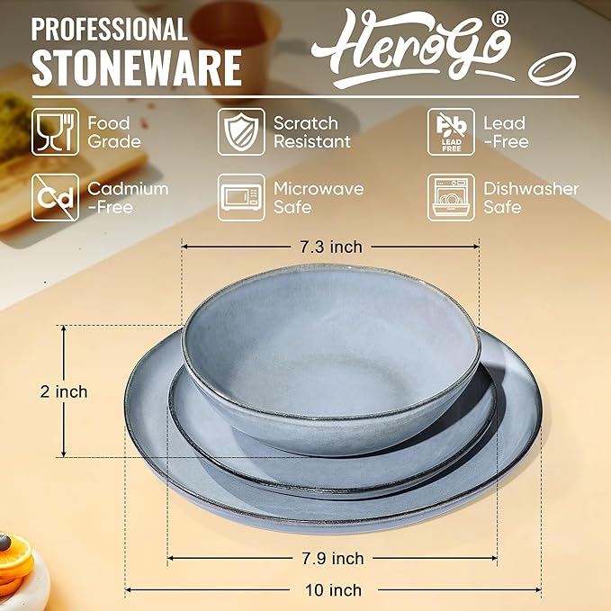 Herogo 24 Piece Dinnerware Dishes Sets for 8, Stoneware Plates and Bowls Dinner Set, Irregular Handmade Dishware Tableware for Home Kitchen, Microwave & Dishwasher Safe, Smoky Blue