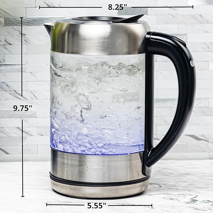 OVENTE Electric Kettle with 1.7L Borosilicate Glass, 1500W Instant Water Boiler and Heater for Coffee or Tea, BPA Free, Easy to Fill Lid, Auto Shut-Off and Boil Dry Protection, Silver KG612S