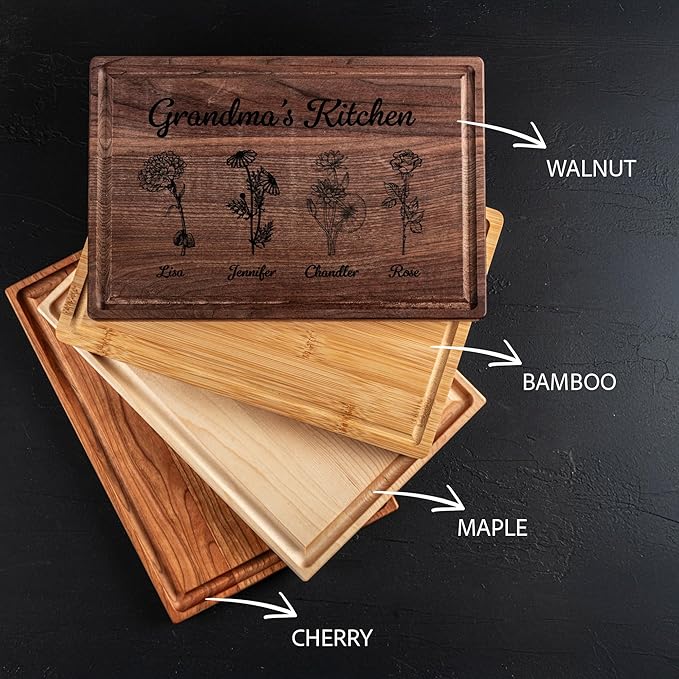 Personalized Cutting Board for Mom or Grandma – Birth Flower Garden Design, Custom Gift for Mother’s Day, Wedding, Birthday, Bridal Shower from Daughter or Son – Valentines Day Gifts for Her