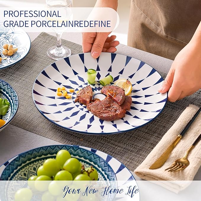 Bestone Porcelain Dinnerware Sets Service for 4, 12 pcs Hand drawn Plates and Bowls Sets, Handmade Ceramic Dish Set, Chip Resistant Modern Plate Set, Dishwasher/Microwave Safe，Vintage Blue