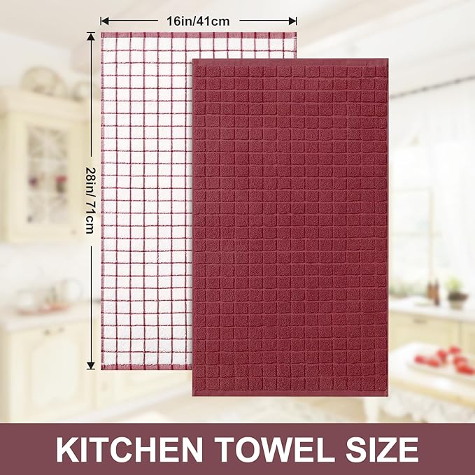 Homaxy Premium Cotton Kitchen Towels 16"x 28", Large Natural Ring Spun 390 GSM Dish Towels, Super Absorbent Terry Kitchen Hand Towels, Soft Tea Towels with Hanging Loop, Red Check Design,12 Pack