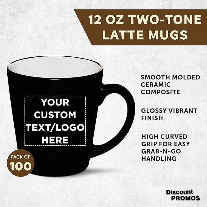 Custom Ceramic Coffee Latte Mugs 12 oz. Set of 100, Personalized Bulk Pack - Perfect for Coffee, Tea, Espresso, Hot Cocoa, Other Beverages - White