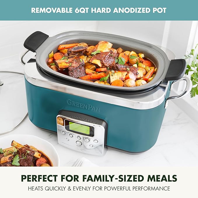 GreenPan Elite 8-in-1 Programmable 6QT Electric Slow Cooker, Dishwasher Safe Lid & Removable Crock, PFAS-Free Healthy Ceramic Nonstick Multi-Cooker, Sear, Sauté/Brown, Steam Basket, Roast, Deep Teal