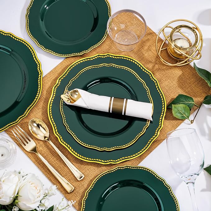 Hioasis 350pcs Green Gold Plastic Plates - Gold Plastic Dinnerware Set Includes 50 Dinner Plates, 50 Dessert Plates, 50 Gold Utensils, 50 Napkins Perfect for Wedding & St. Patrick's Day