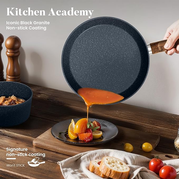 Kitchen Academy Pots and Pans Set Non Stick - 12 Piece Induction Kitchen Cookware Sets, Blue Granite Nonstick Cooking Pans Set